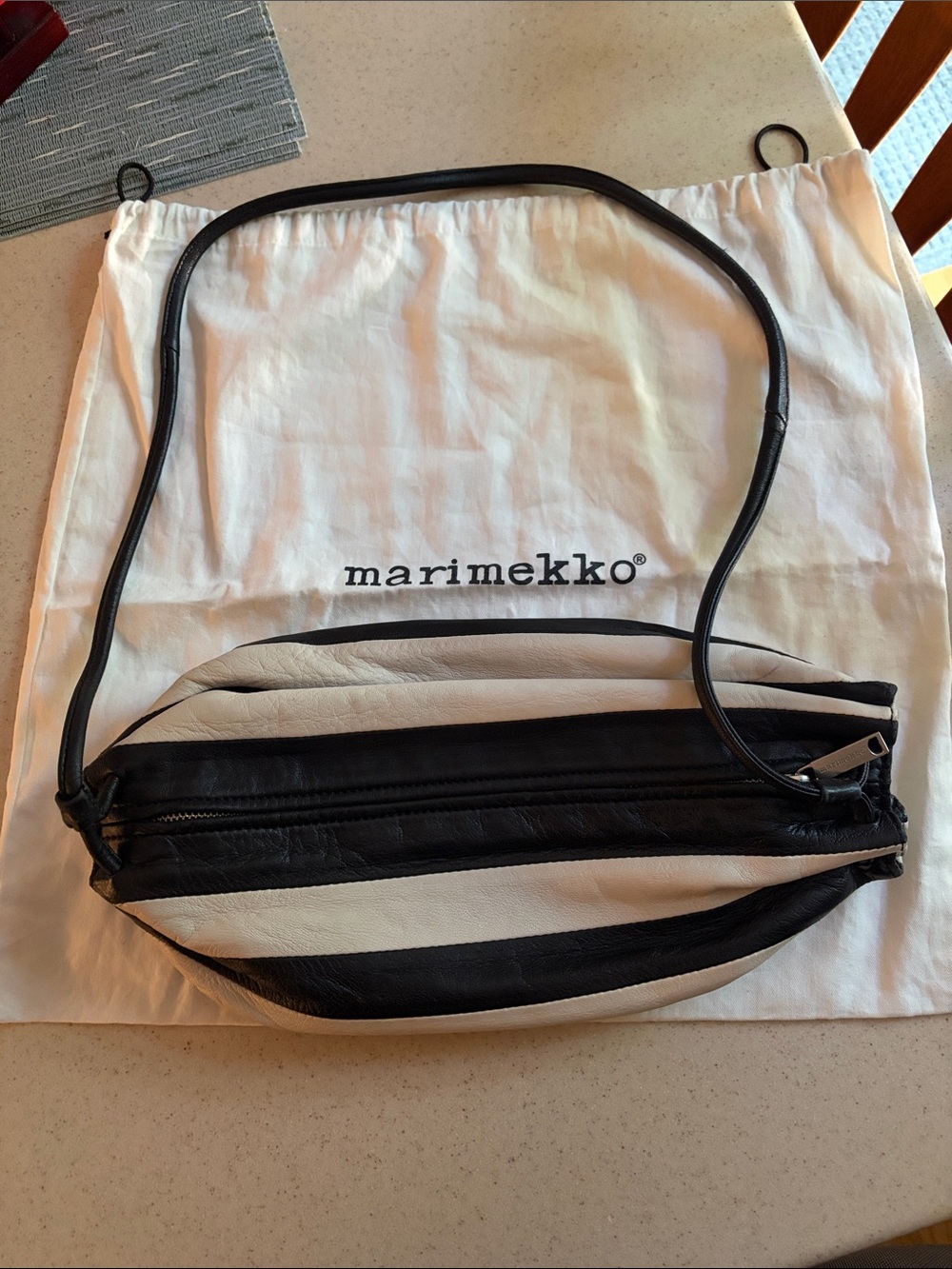 Marimekko Karla Black and White Striped Leather crossbody Bag